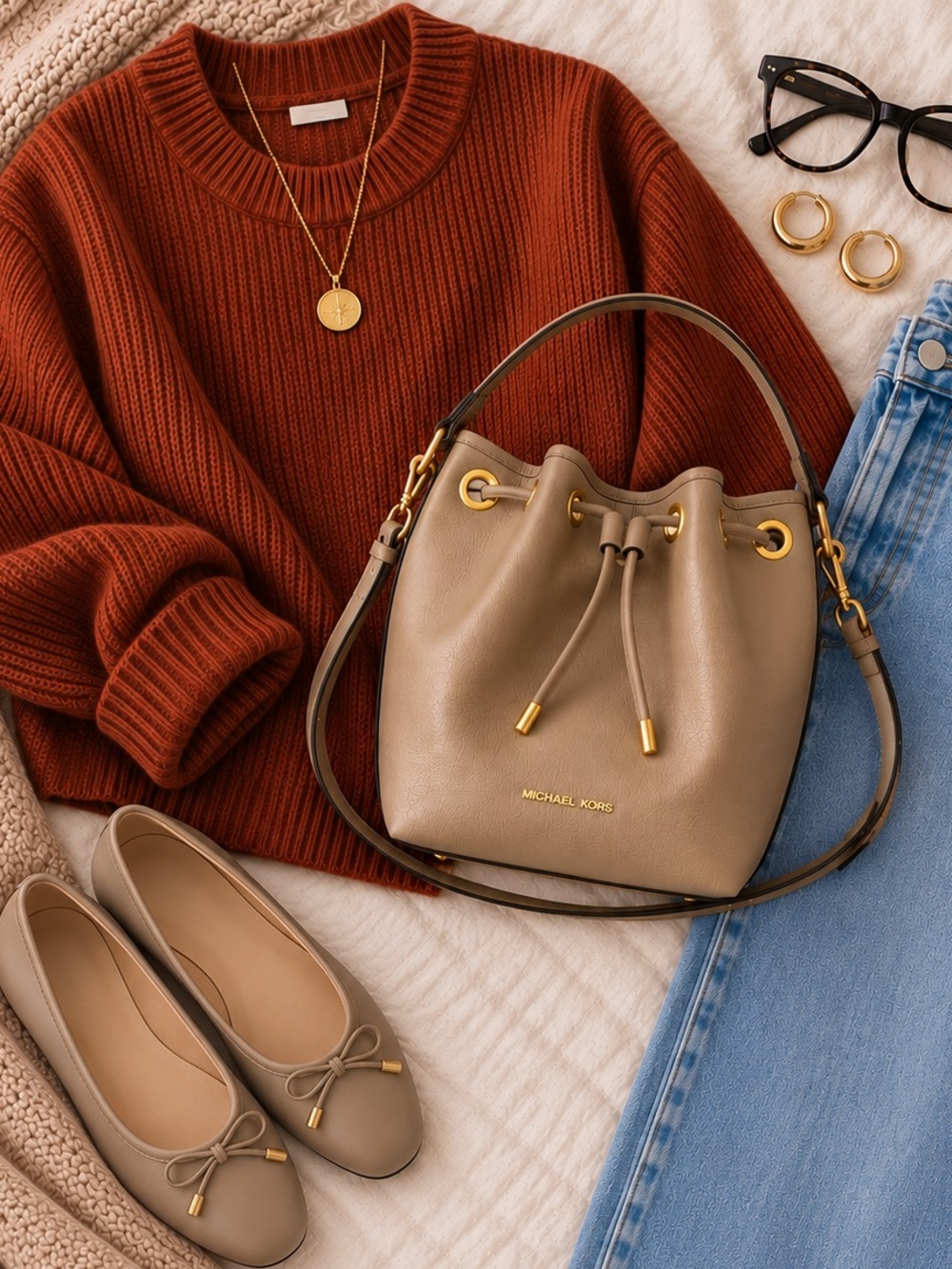 Michael Kors Avery Taupe Drawstring Bucket Shoulder Bag with Gold Hardware